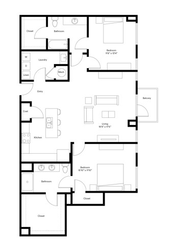 Floor plan for 2 beds, 2 baths, 1374 sqft