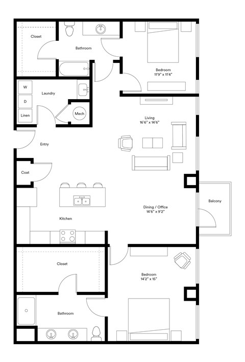 Floor plan for 2 beds, 2 baths, 1441 sqft
