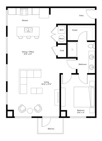 Floor plan for 1 bed, 1 bath, 984 sqft