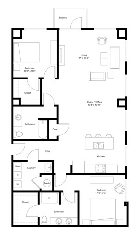 Floor plan for 2 beds, 2 baths, 1407 sqft