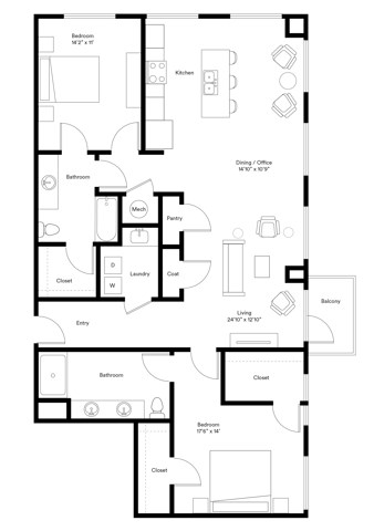 Floor plan for 2 beds, 2 baths, 1392 sqft