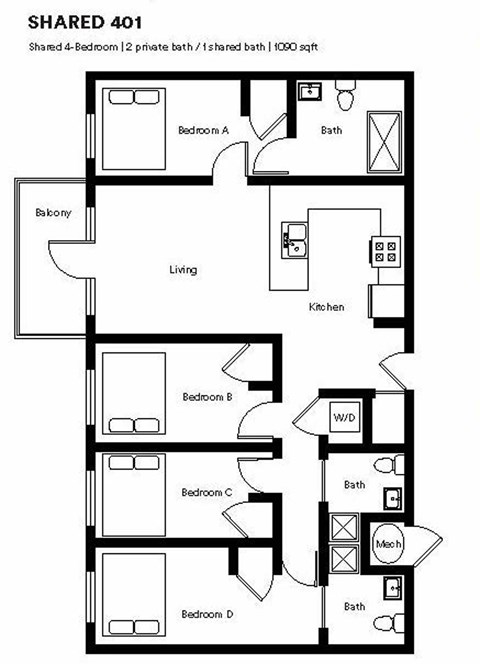 Floor plan for 4 beds, 3 baths, 1090 sqft