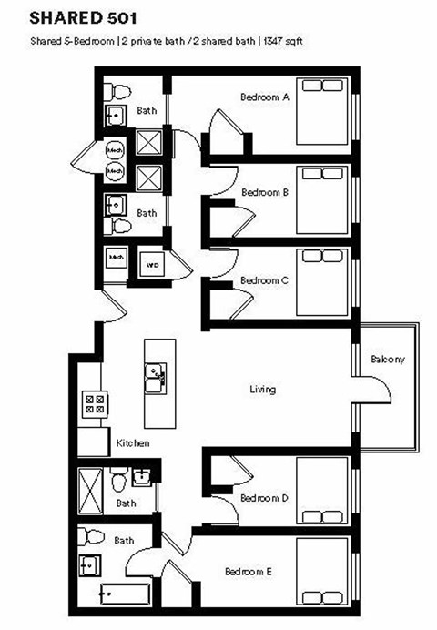 Floor plan for 5 beds, 4 baths, 1347 sqft
