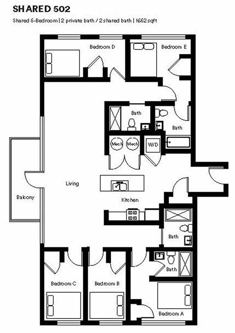 Floor plan for 5 beds, 4 baths, 1652 sqft