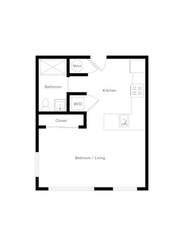 Floor plan for studio, 1 bath