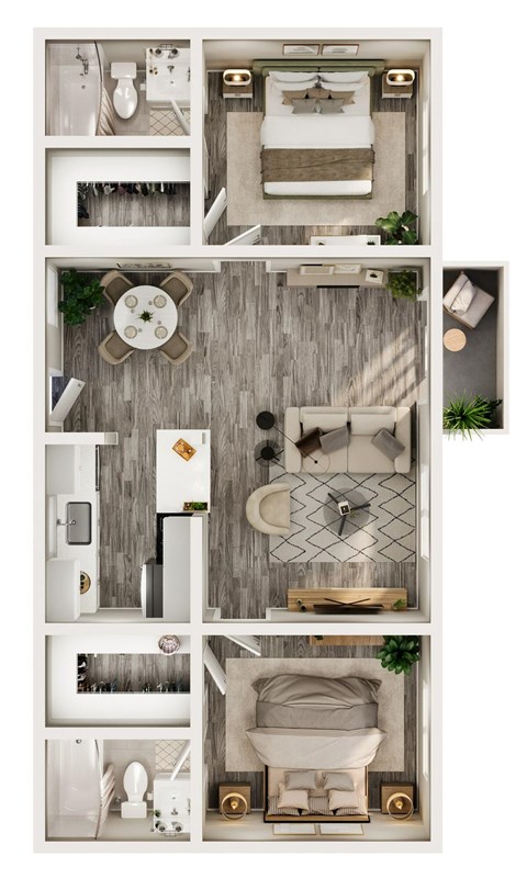 Floor plan for 2 beds, 2 baths, 945 sqft
