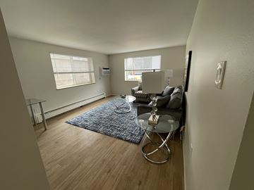 Denver apartment for rent - A living room with a grey sofa and a glass table.