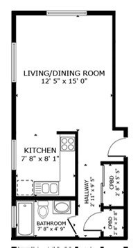 Floor plan for studio, 1 bath