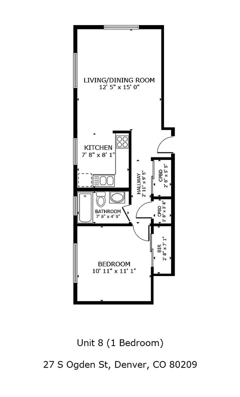 Floor plan for 1 bed, 1 bath