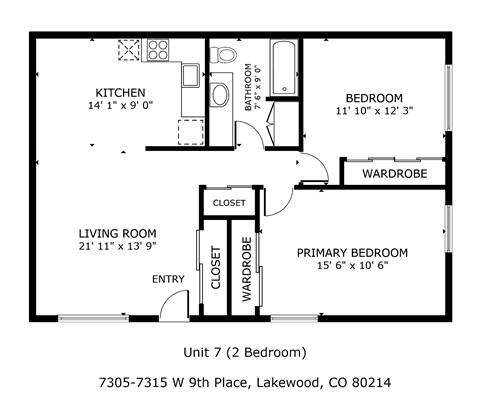 Floor plan for 2 beds, 1 bath