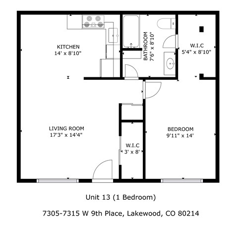 Floor plan for 1 bed, 1 bath