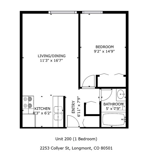 Floor plan for 1 bed, 1 bath