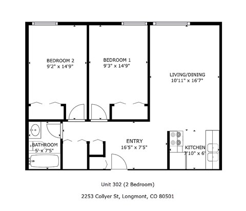 Floor plan for 2 beds, 1 bath