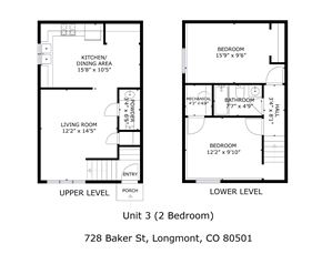 Longmont apartment for rent - A floor plan for a two bedroom apartment at 728 Baker St, Longmont, CO 80501.