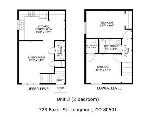 Floor plan for 2 beds, 1.5 baths