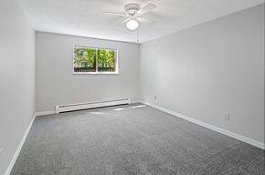 Lakewood apartment for rent - A room with a ceiling fan and a window with a view of trees.