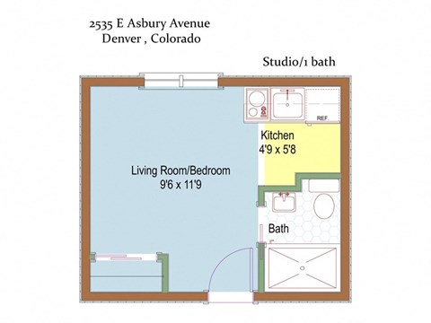 Floor plan for studio, 1 bath, 200 sqft