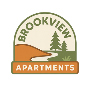 Salineville apartment for rent - Brookview Apartments logo with a tree and a river.