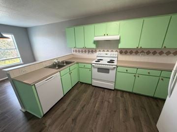 Killeen apartment for rent - A kitchen with green cabinets and white appliances.