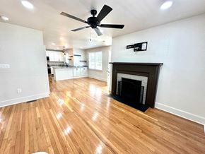 Greenville house for rent - A living room with a fireplace and a ceiling fan.