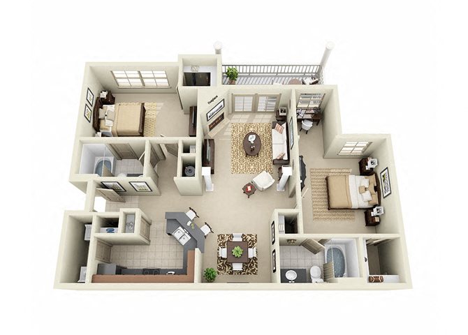Floor plan for 2 beds, 2 baths, 1349 sqft