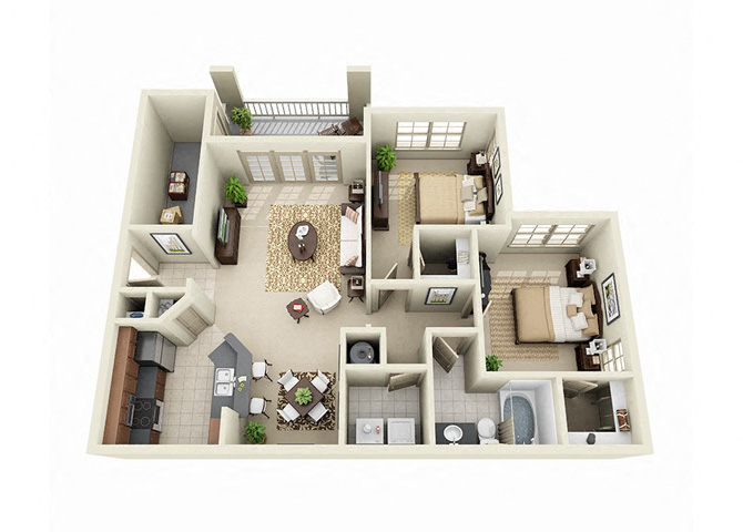 Floor plan for 2 beds, 1 bath, 1075 sqft