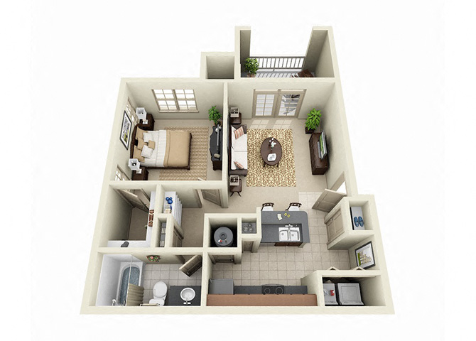 Floor plan for 1 bed, 1 bath, 758 sqft