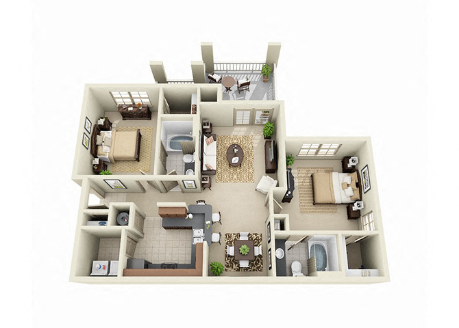 Floor plan for 2 beds, 2 baths, 1245 sqft