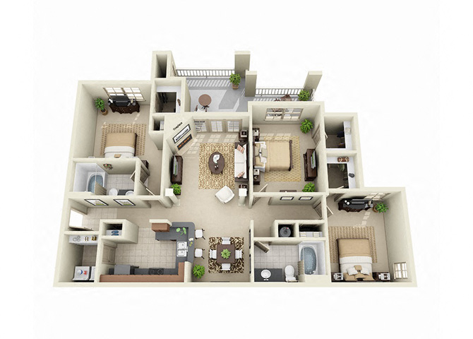 Floor plan for 3 beds, 2 baths, 1586 sqft