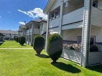 Prince George apartment for rent - A row of houses with green lawns and bushes.