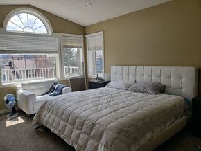 Calgary apartment for rent - A bedroom with a large bed and a window with blinds.