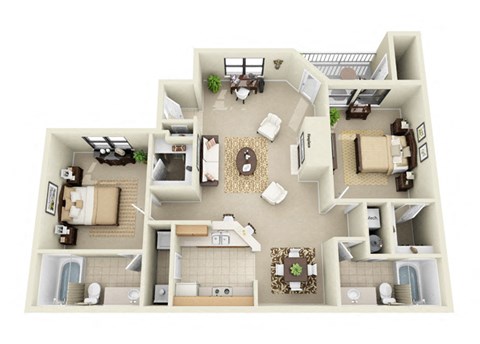Floor plan for 2 beds, 2 baths, 1226 sqft