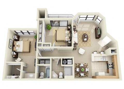 Floor plan for 2 beds, 2 baths, 1013 sqft
