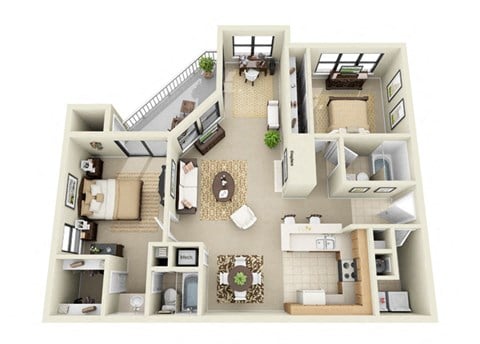 Floor plan for 2 beds, 2 baths, 1105 sqft