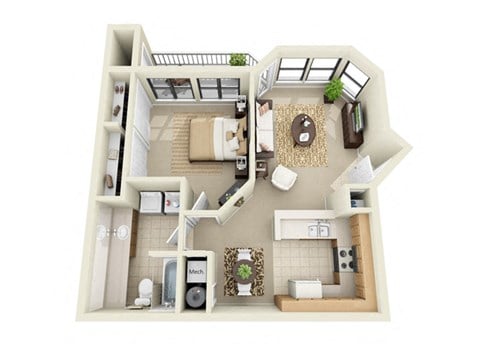Floor plan for 1 bed, 1 bath, 684 sqft