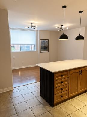 Toronto apartment for rent - A kitchen with a white counter top and wooden cabinets.