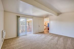 San Jose apartment for rent - A spacious room with a carpeted floor and a slanted ceiling.