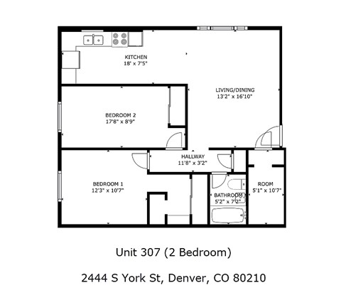 Floor plan for 2 beds, 1 bath