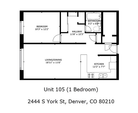 Floor plan for 1 bed, 1 bath