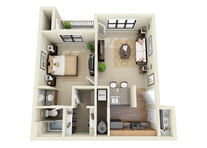 Floor plan for 1 bed, 1 bath, 628 sqft