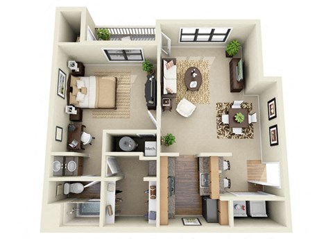 Floor plan for 1 bed, 1 bath, 720 sqft