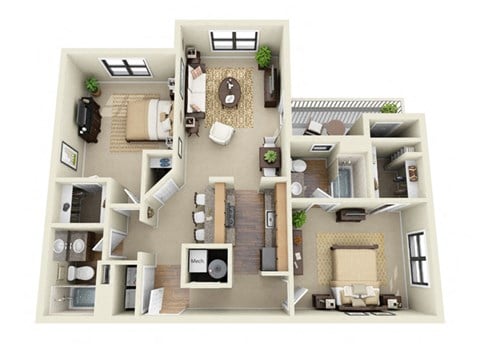 Floor plan for 2 beds, 2 baths, 1055 sqft