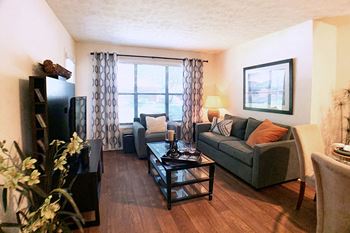 Park trace apartments living room with faux wood flooring