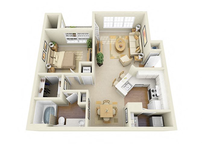 Floor plan for 1 bed, 1 bath, 893 sqft