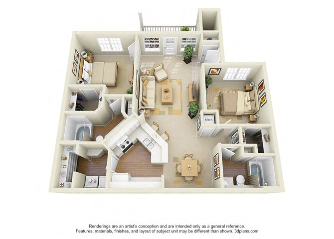 Floor plan for 2 beds, 2 baths, 1339 sqft