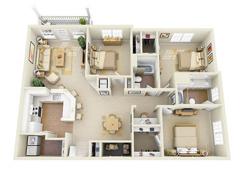Floor plan for 3 beds, 2 baths, 1552 sqft