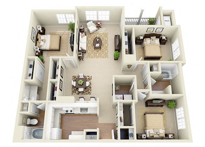 Floor plan for 3 beds, 2 baths, 1402 sqft