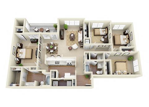 Floor plan for 4 beds, 2 baths, 1665 sqft