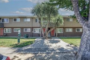 San Jose apartment for rent - A tree in front of a building with a red door.