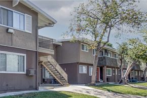 San Jose apartment for rent - A tree in front of a brown house with a red door.